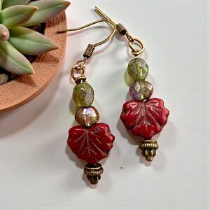 Red Maple Leaf Earrings Czech Glass Copper